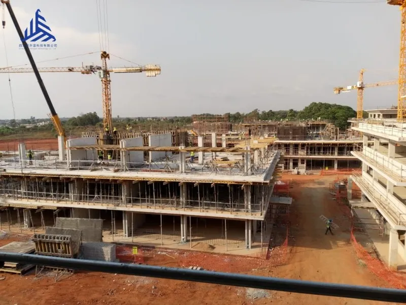  Taishenglan steel props and H20 timber beams supporting slab formwork in a large-scale Benin  construction project