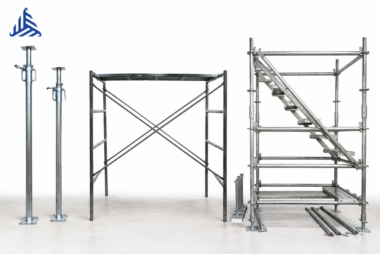 Overview of a complete scaffolding system including steel props, frame scaffolding, and ringlock components