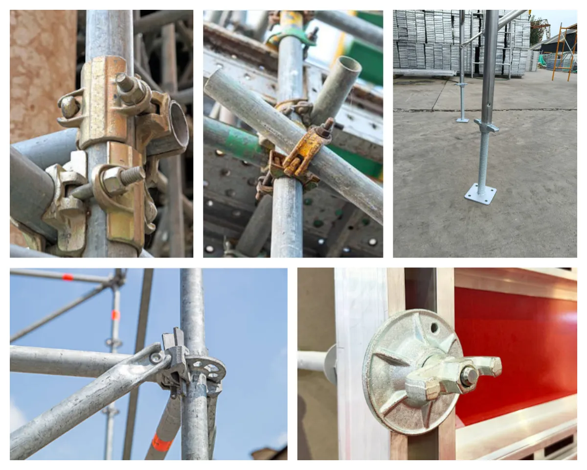 High-strength scaffolding accessories including forged couplers, jack bases, and steel planks for site safety